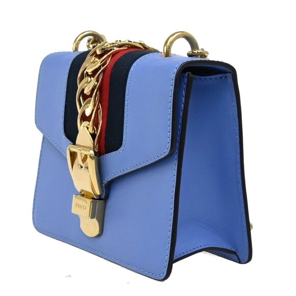 GUCCI Logo Sylvie Chain Mini Shoulder Bag Leather Blue GHW Italy 93RF525 - Picture 12 of 16